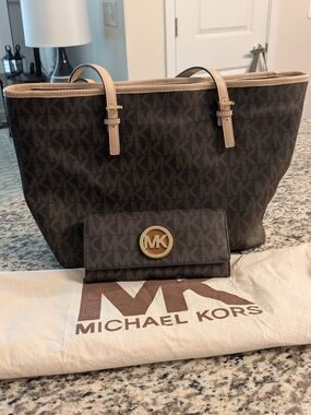 Michael Kors Brown Logo Tote with Tan Trim